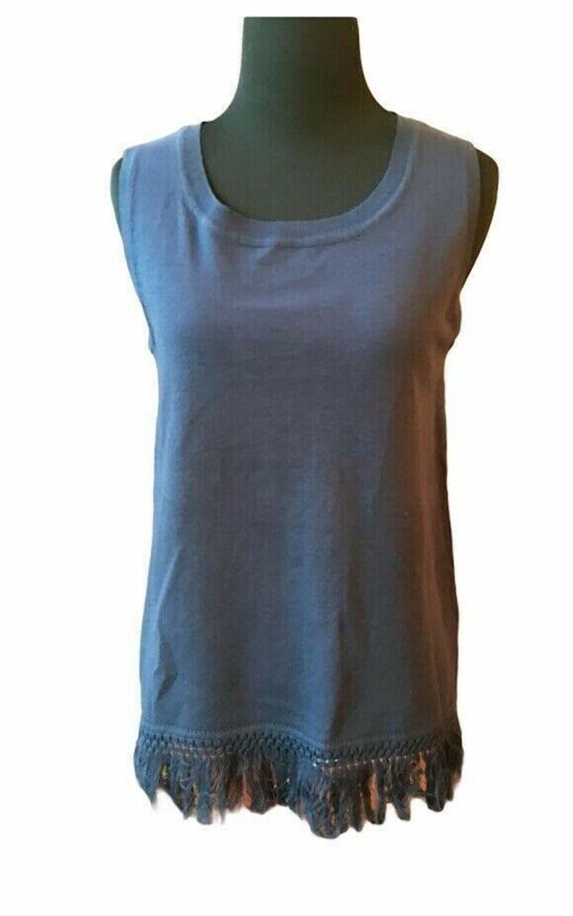 Sail To Sable Navy Blue Knit Fringe Hem Sleeveless Knit Top Size XS